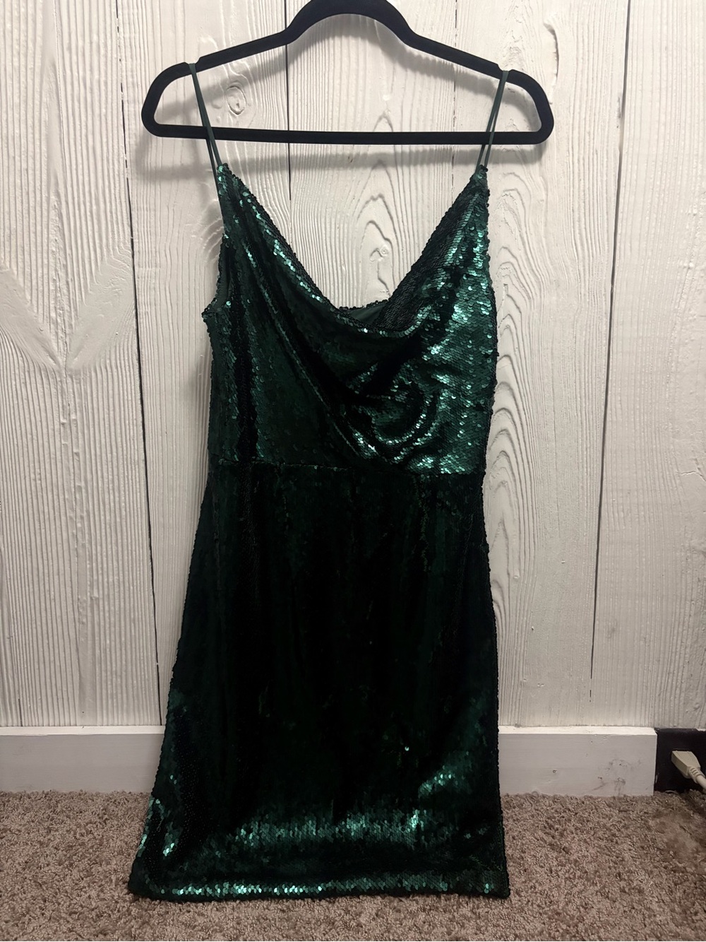 Black Halo Emerald Green Sequin Cowl Mini Dress